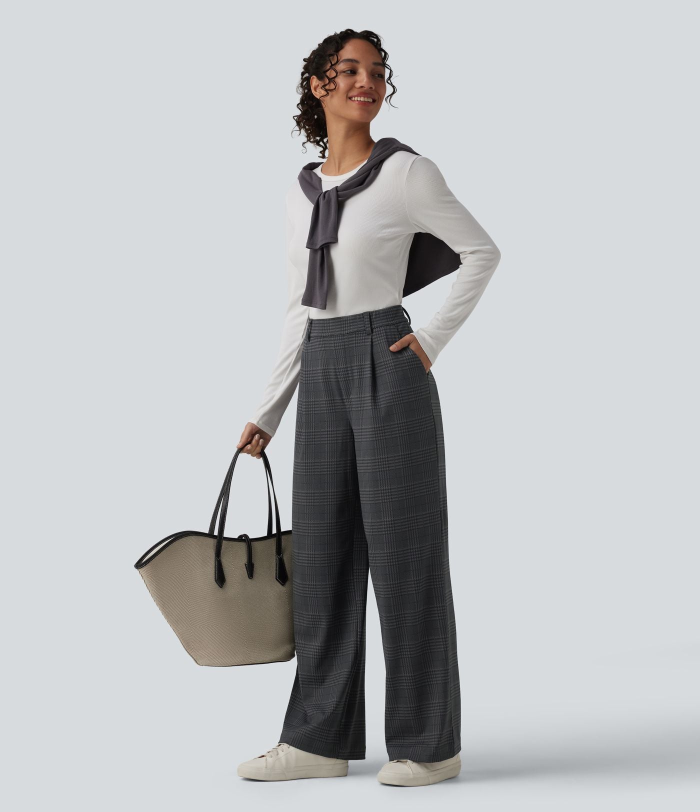 Pantalon à carreaux Halara Flex™ pour le bureau, taille haute, coupe droite avec poches