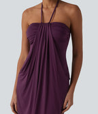 Robe resort mini dos nu à col licou avec lien noué dans le dos et poches