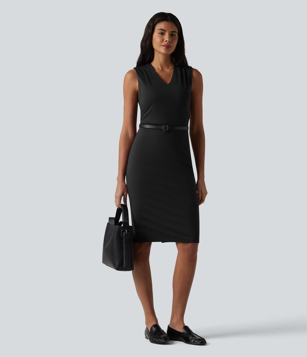 Robe midi tailleur sans manches col V ventre plat avec gainant intégré