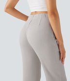 Pantalon décontracté évasé maille gaufrée taille haute avec poches