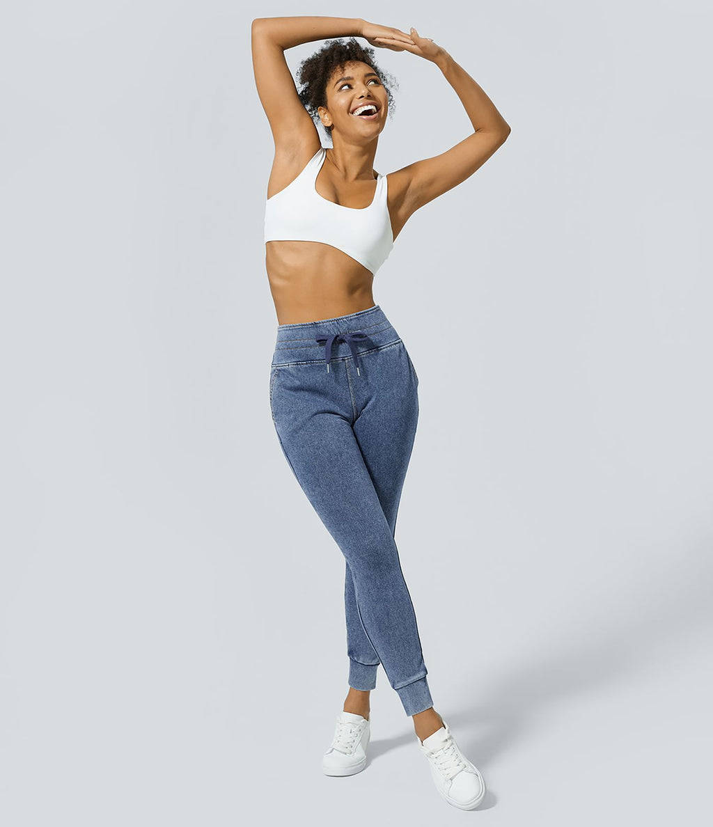 Halara Flex™ Jean Casual Taille Haute avec Cordon de Serrage et Poches Latérales en Tricot Extensible Lavé