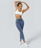 Halara Flex™ Jean Casual Taille Haute avec Cordon de Serrage et Poches Latérales en Tricot Extensible Lavé
