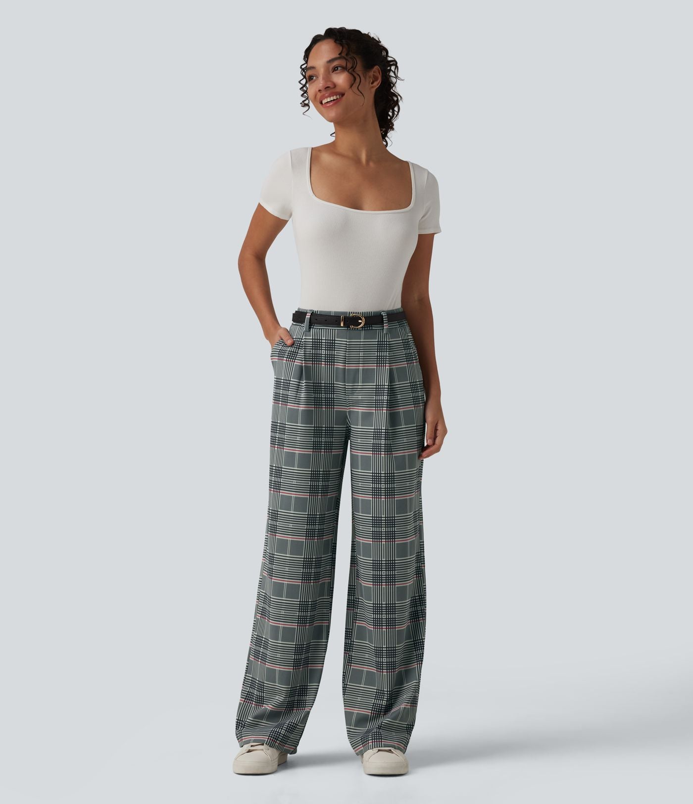 Pantalon à carreaux Halara Flex™ pour le bureau, taille haute, coupe droite avec poches