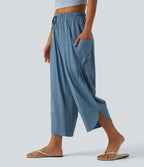Pantalon court décontracté taille haute avec cordon de serrage, ourlet arrondi, effet lin et poches