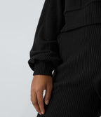 Sweat-shirt décontracté à capuche en maille côtelée avec manches longues et fente
