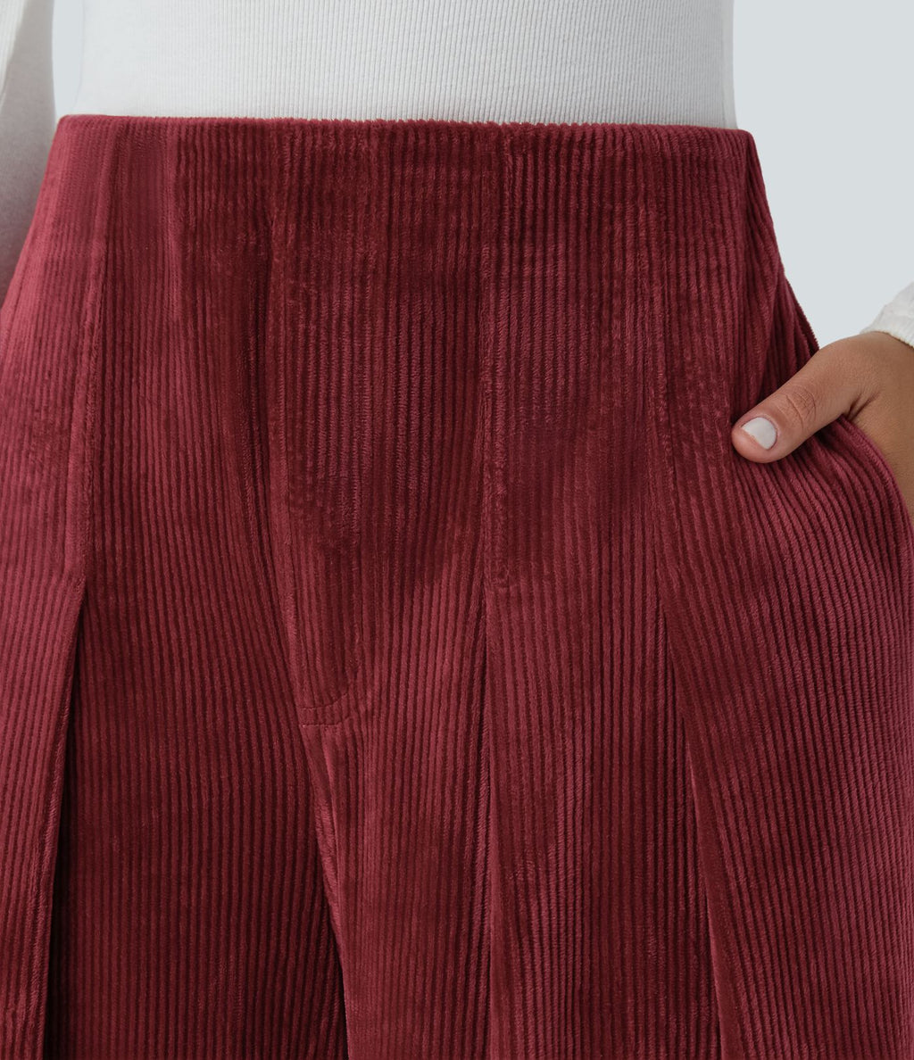 Pantalon de palazzo décontracté en velours côtelé taille haute à plis avec poches multiples