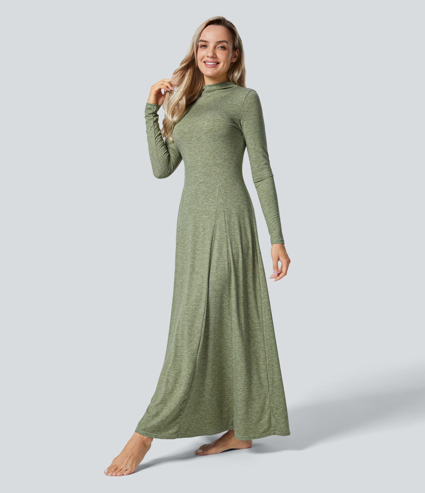 Robe Casual Maxi à Col Montant Manches Longues Évasées