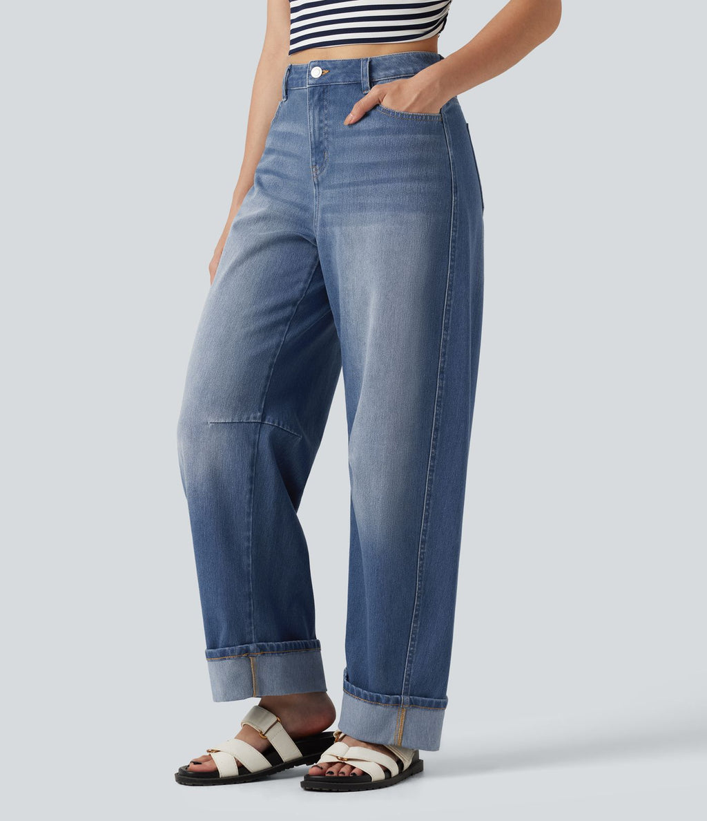 Jean barrel leg Halara Flex™ taille mi-haute, à revers avec poches