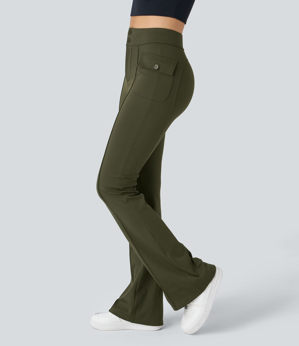 Pantalon cargo décontracté évasé taille haute avec poches à rabat latérales