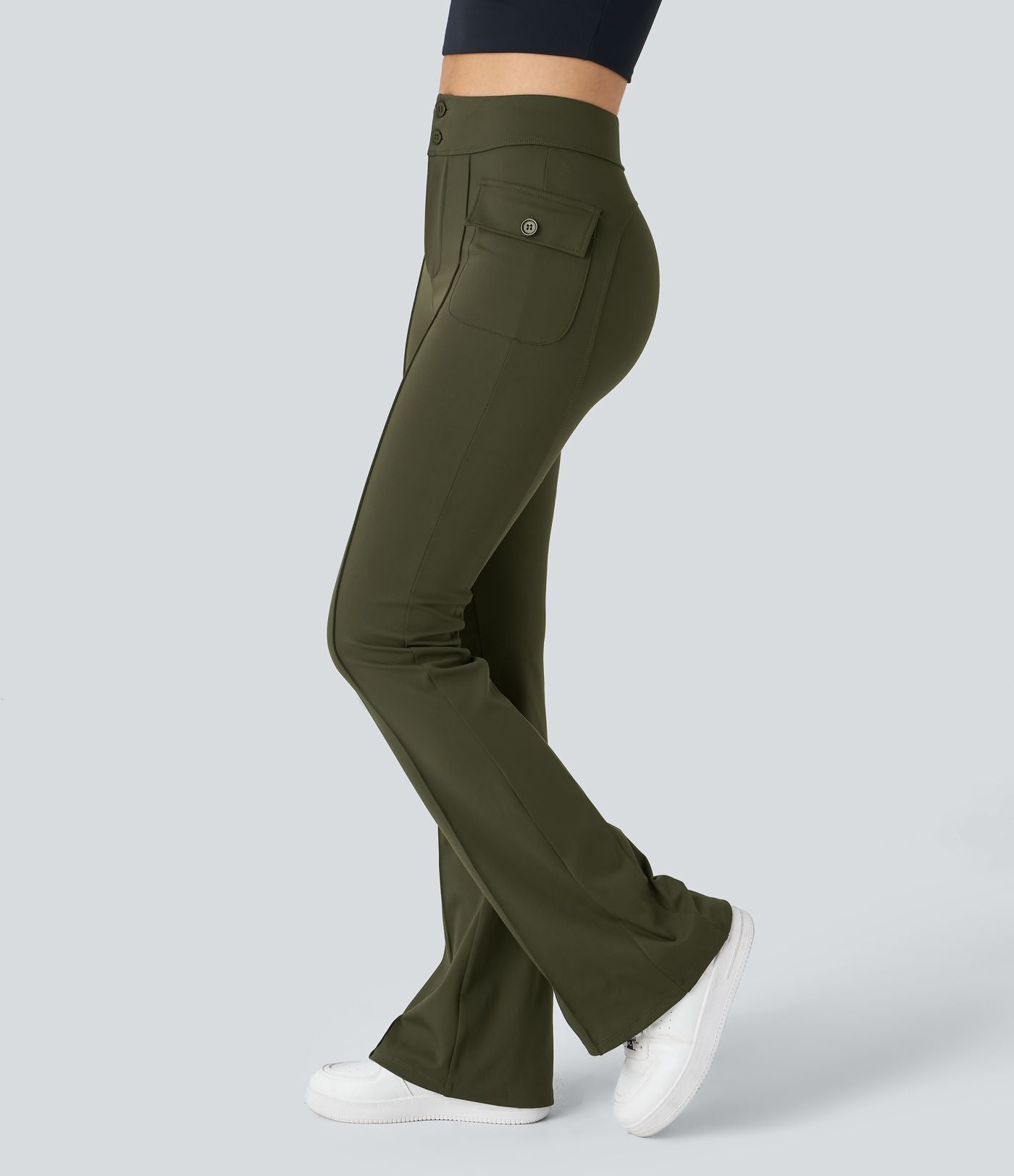 Pantalon cargo décontracté évasé taille haute avec poches à rabat latérales