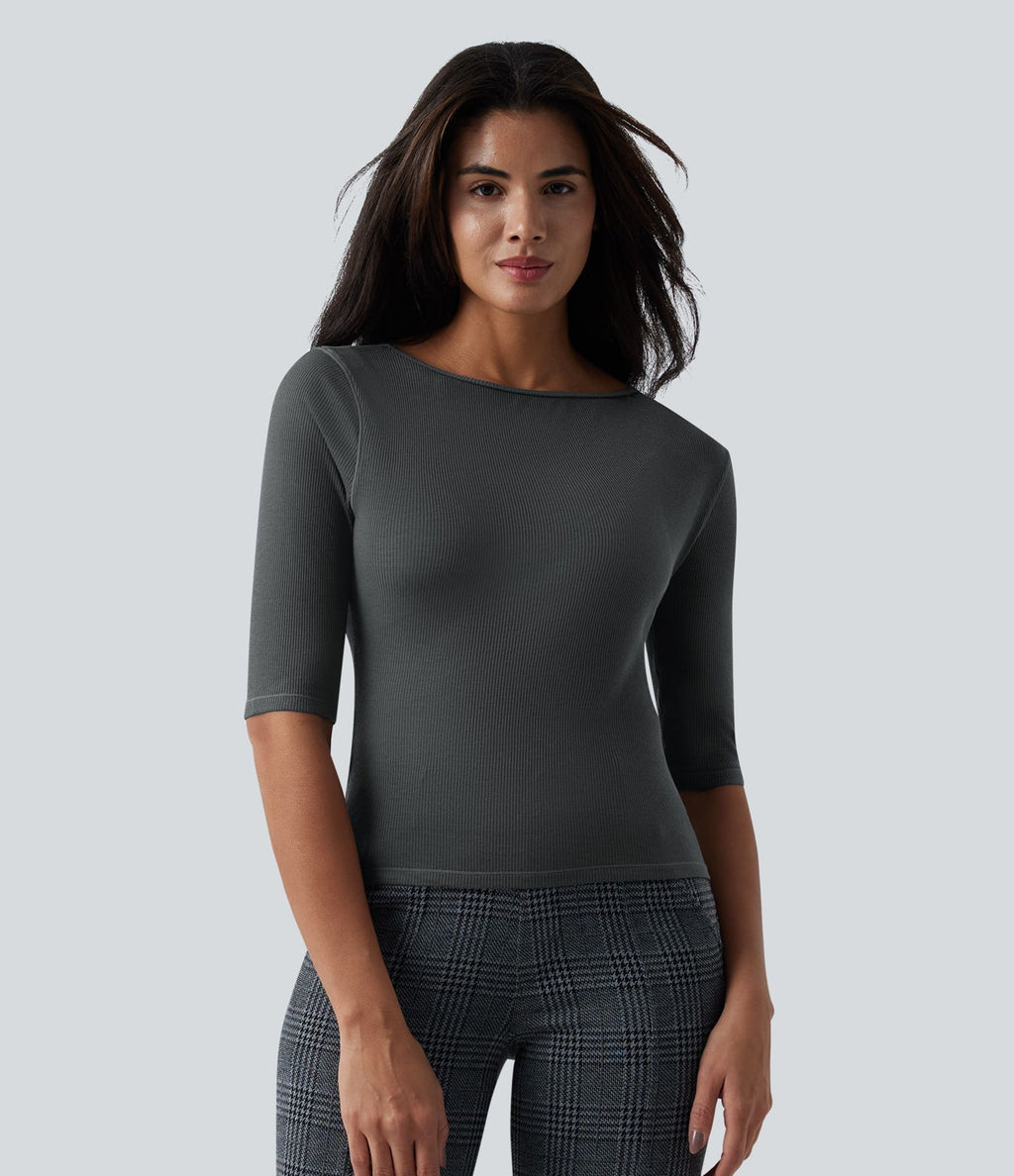 Top tailleur en mélange de laine col rond échancré à manches courtes en maille côtelée