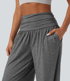 Pantalon de yoga large froncé chiné taille haute avec poches