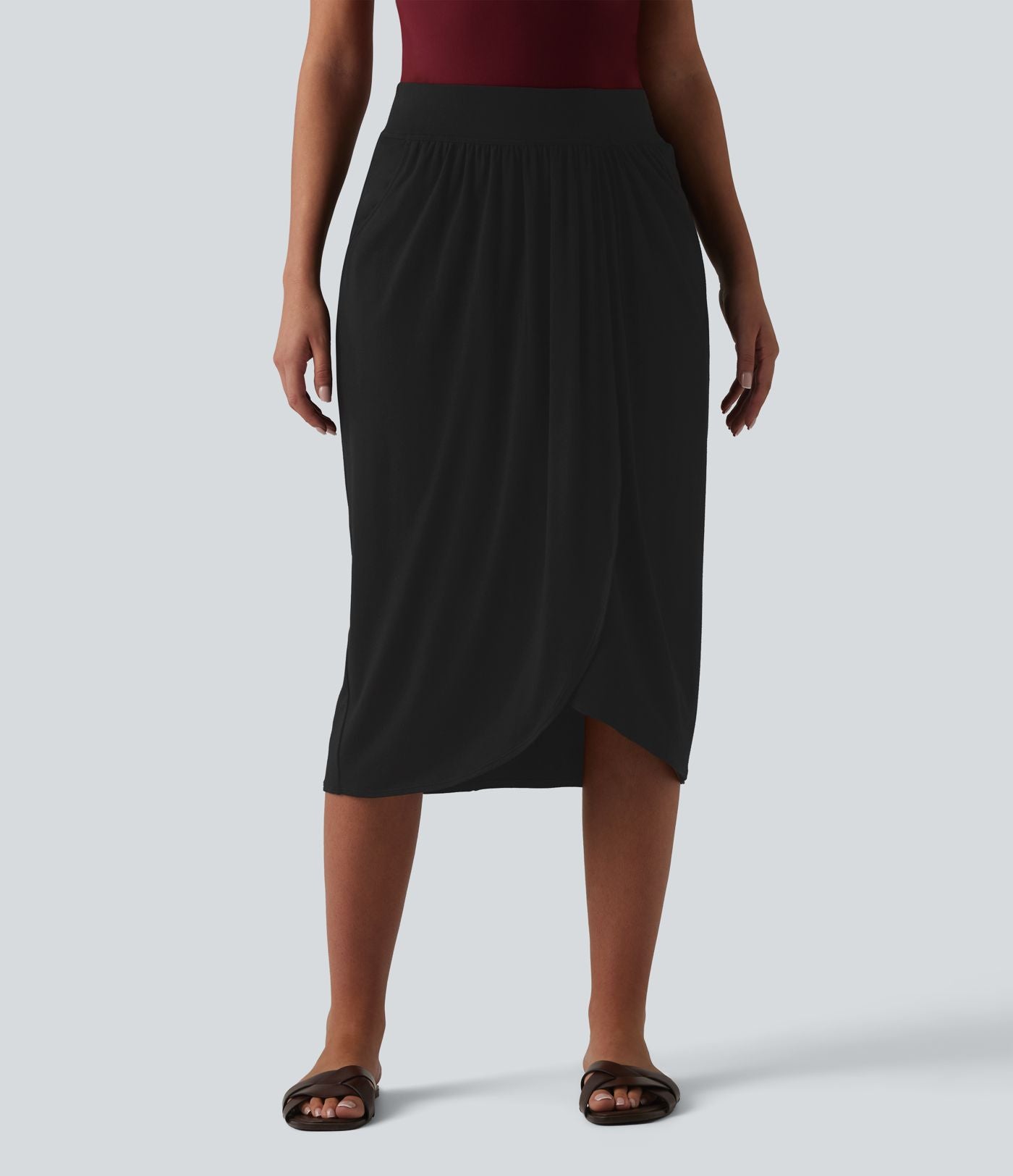Jupe midi casual taille haute ourlet tulipe avec poches
