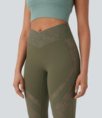 Pantalon de yoga évasé à taille haute croisée, poche arrière et dentelle