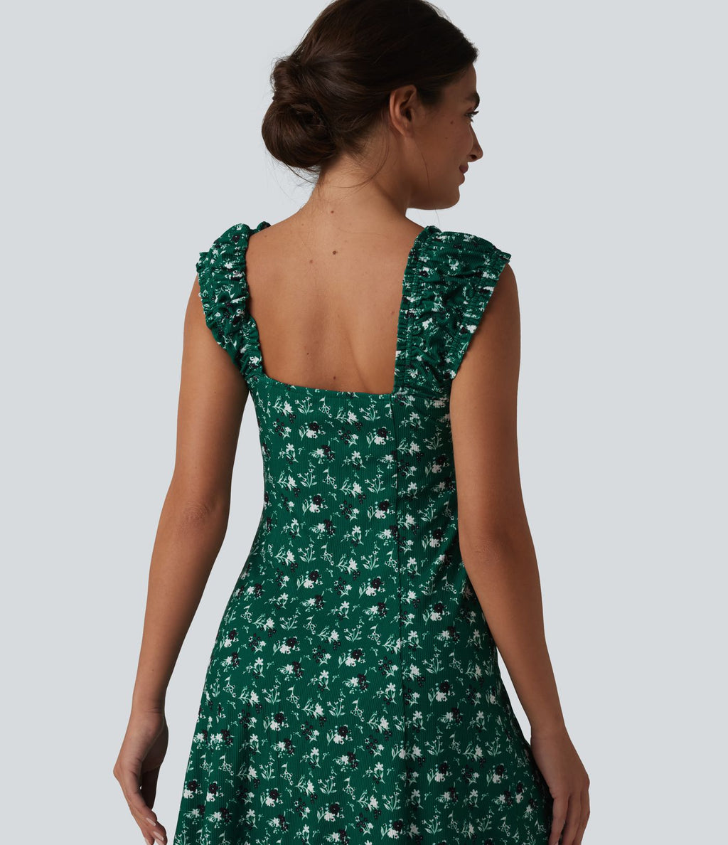 Robe trapèze mini col U sans manches à volants imprimé floral avec soutien-gorge intégré