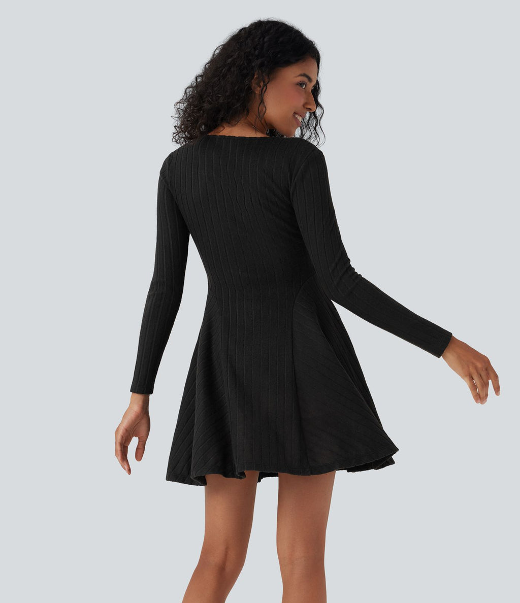Robe décontractée mini évasée maille côtelée col V manches longues