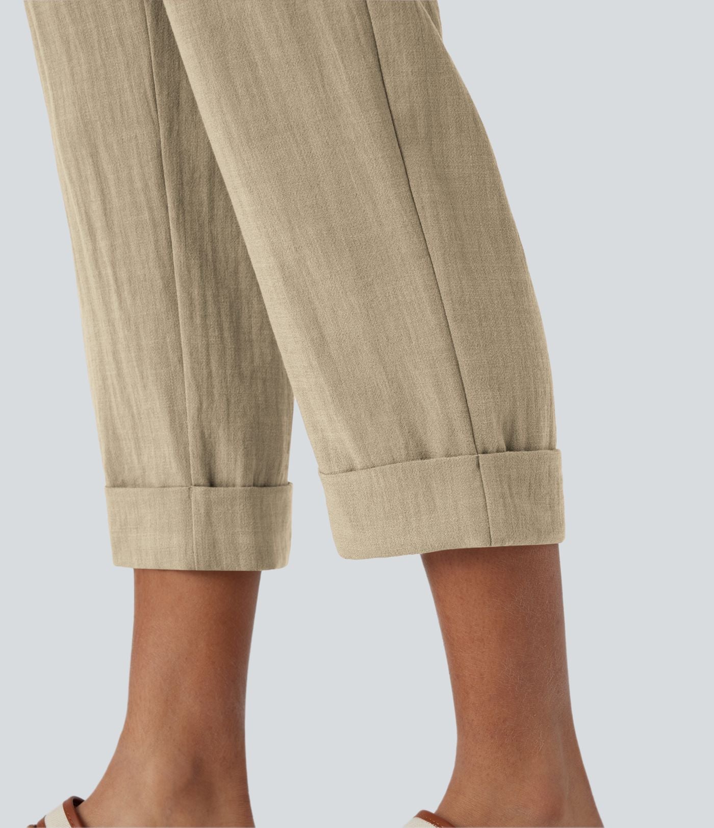 Pantalon capri effet lin taille haute avec poches zippées