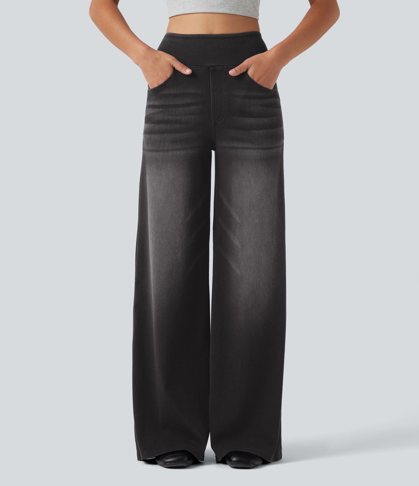 Jean décontracté Halara Flex™ large taille haute effet délavé avec poches