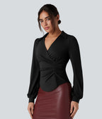 Chemise tailleur froncée asymétrique col V manches longues