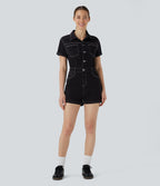 Halara Flex™ combi-short utilitaire à col et manches courtes en jean extensible délavé avec poches multiples