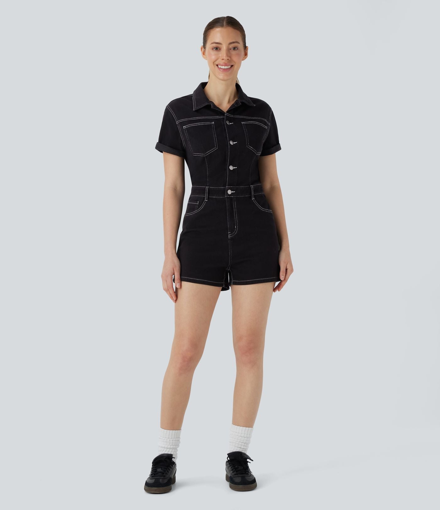 Halara Flex™ combi-short utilitaire à col et manches courtes en jean extensible délavé avec poches multiples