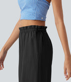 Pantalon baggy fluide casual en mélange de lin taille mi-haute à volants avec cordon et poches
