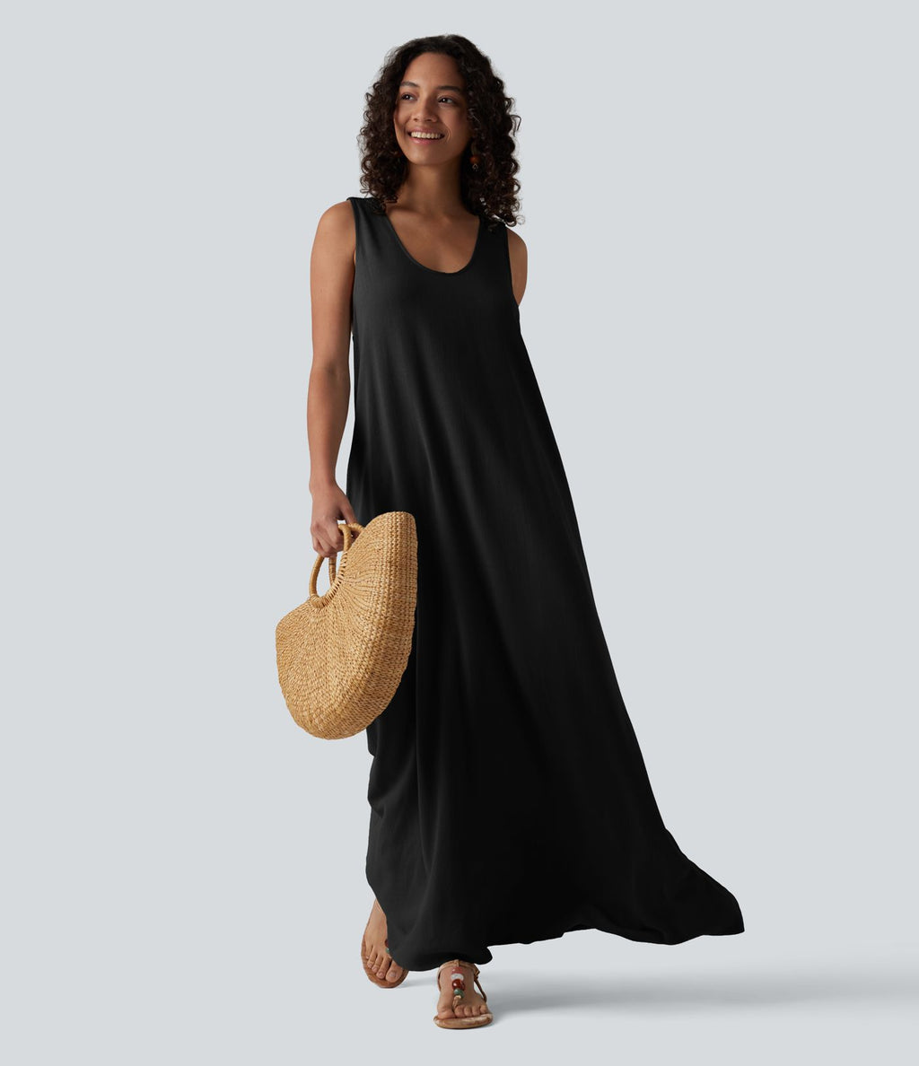 Robe maxi fluide de vacances en mélange de lin col U sans manches dos torsadé à poches