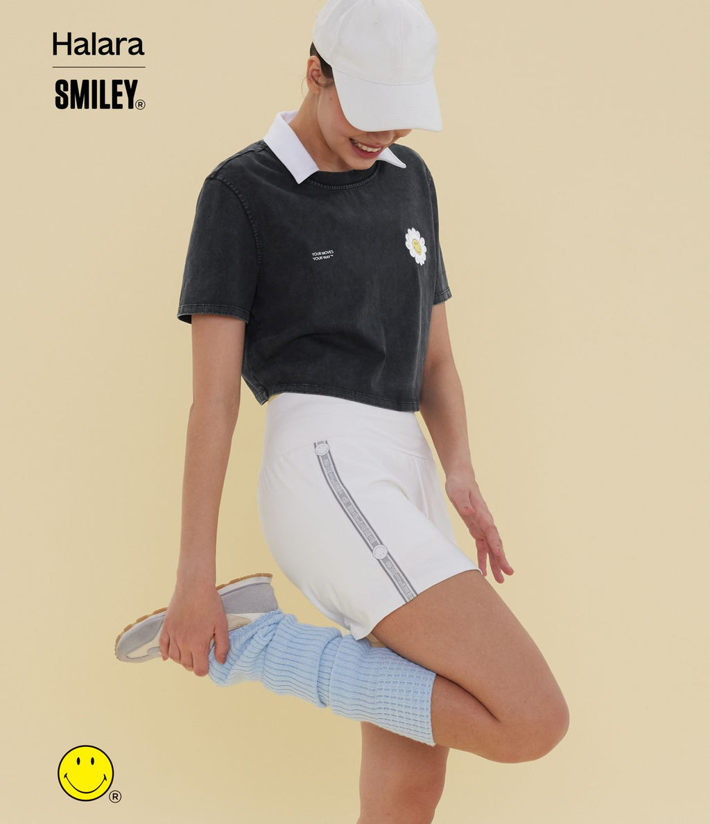 T-shirt casual en coton délavé Halara X Smiley® col rond à manches courtes