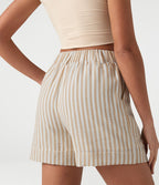 Short casual taille haute à rayures avec poches et aspect lin