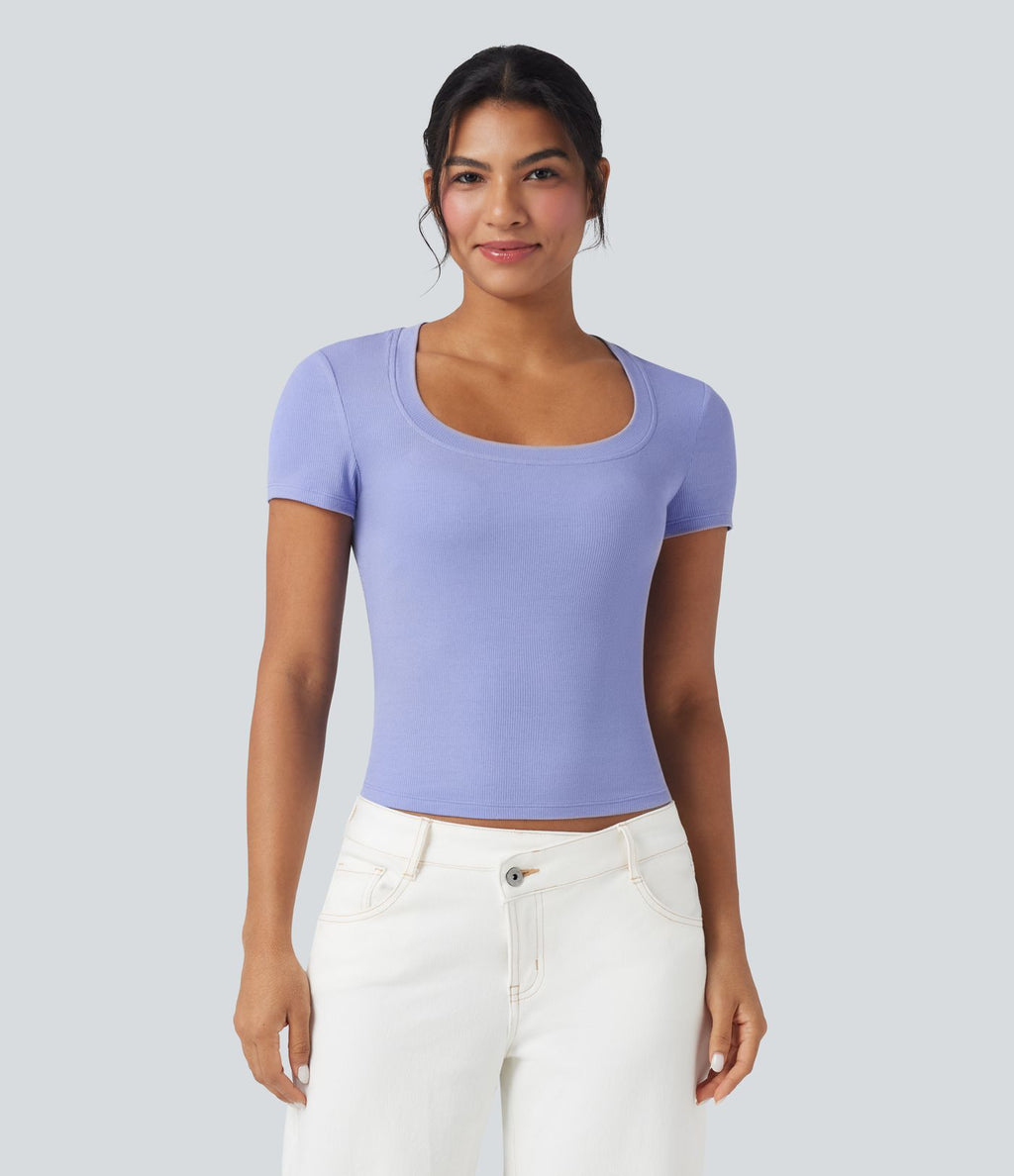 T-shirt décontracté maille côtelée manches courtes