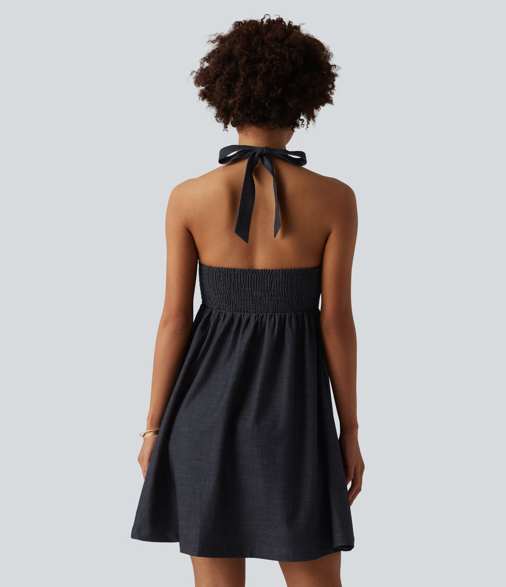 Robe resort dos-nu dos nu à smocks aspect jean avec poches