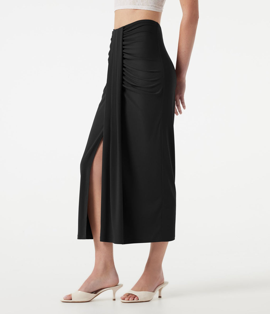 Jupe midi moulante taille haute froncée