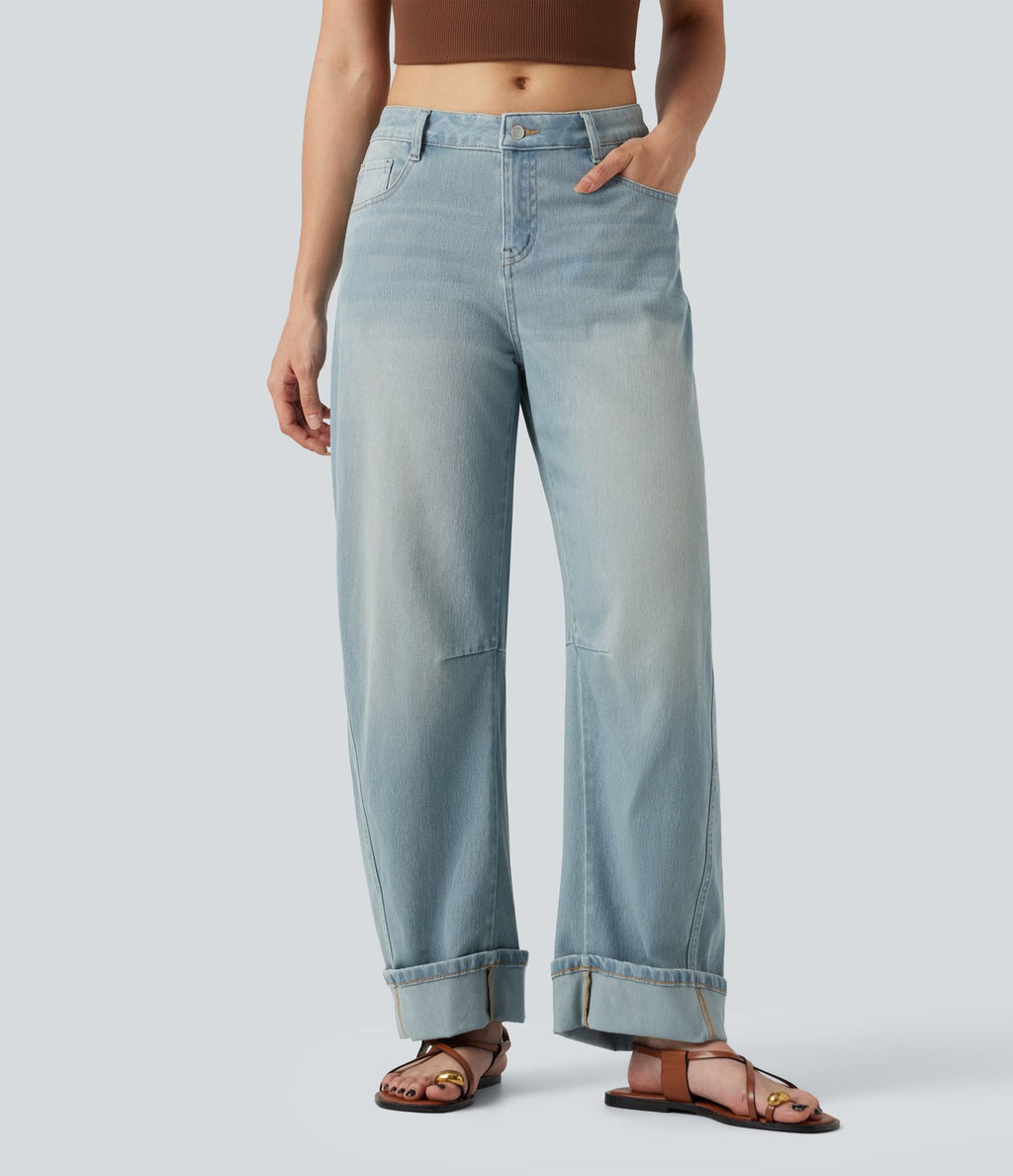 Jean coupe barrel Halara Flex™ taille basse à revers avec poches