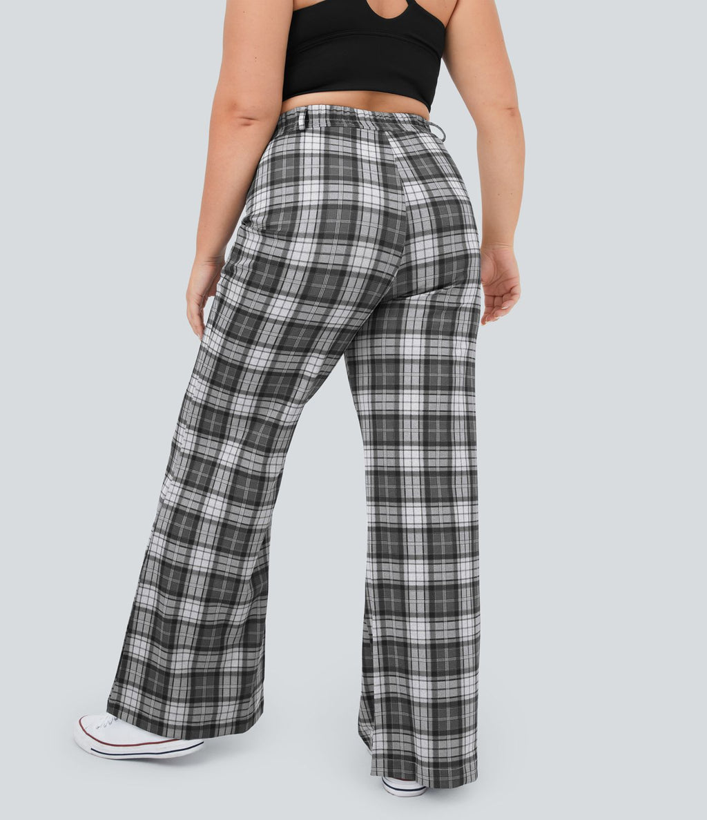Pantalon Large Casual Taille Haute Carreaux Grande Taille