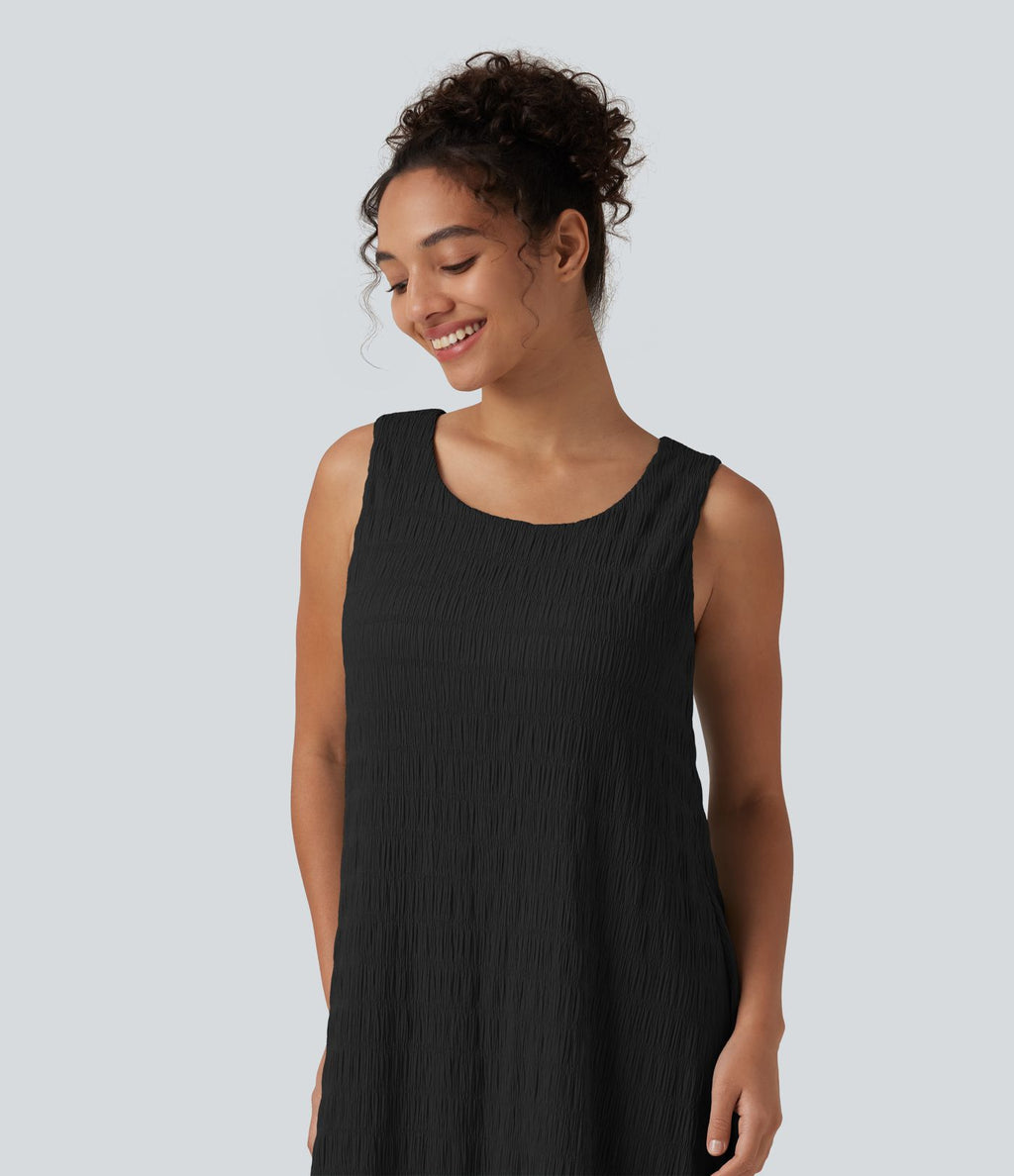 Robe midi sans manches à encolure arrondie avec coussinets amovibles et ourlet à volants