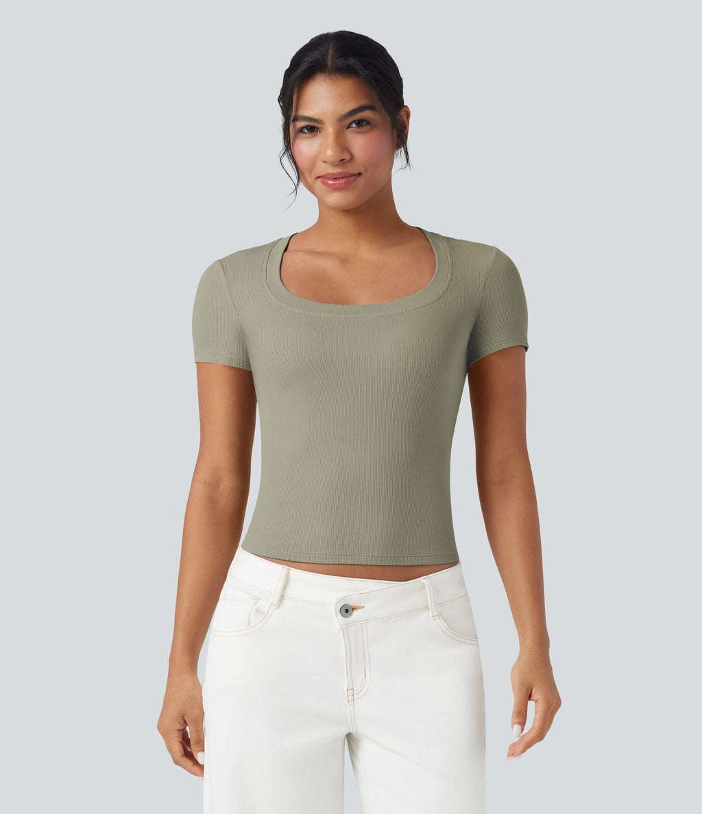 T-shirt décontracté maille côtelée manches courtes
