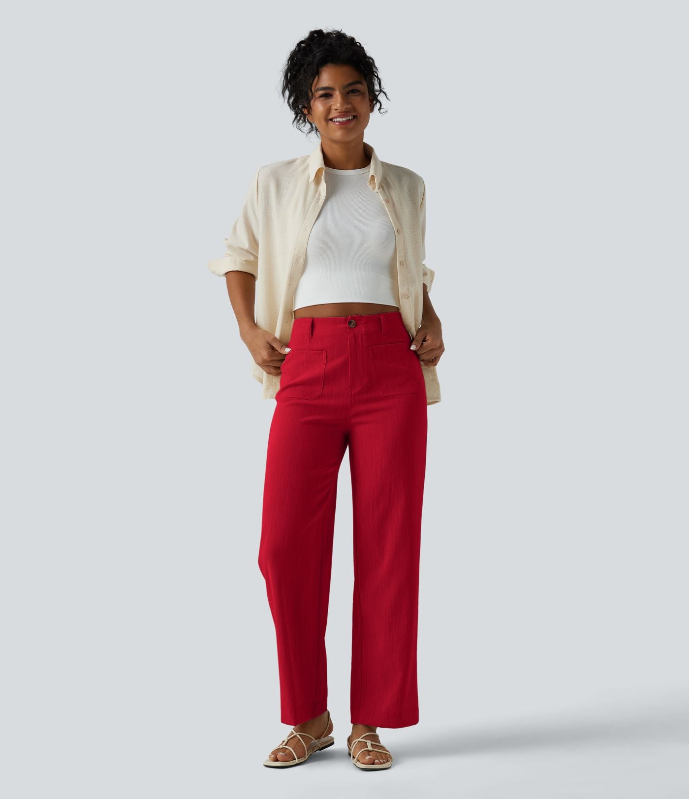 Pantalon taille haute coupe droite effet lin avec poches