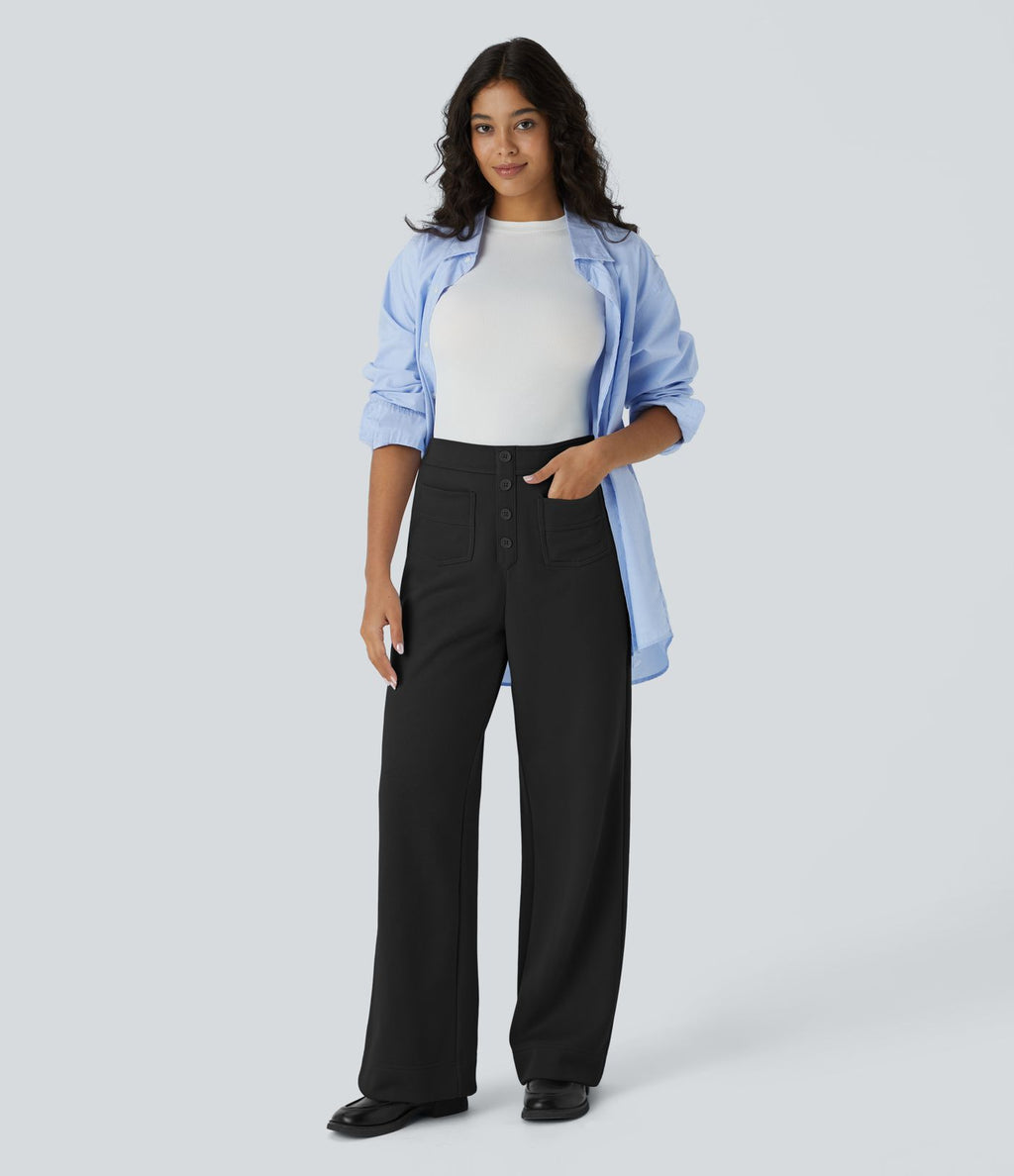 Pantalon Jogging en Fleece Thermique Jambe Droite Boutons Taille Haute Plusieurs Poches