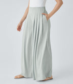 Pantalon décontracté palazzo en maille gaufrée, fluide, large, plissé, taille haute, avec poches