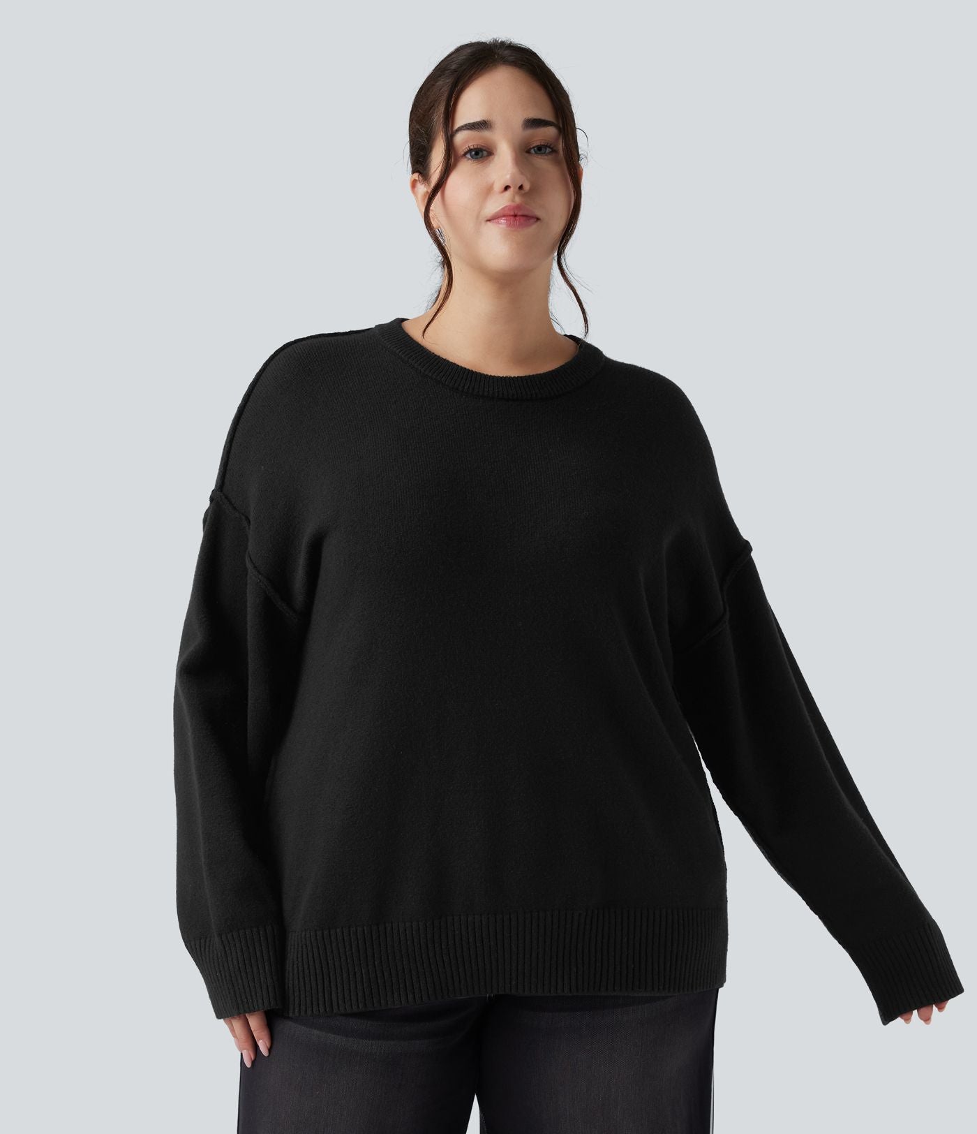 Pull grande taille col rond épaules tombantes à manches longues