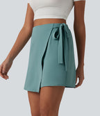 Jupe-short casual taille haute aspect lin avec lien noué sur le côté
