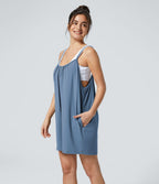 Combinaison Large Casual à Jambes Larges Solide avec Fines Bretelles Réglables Poches Latérales Plissées