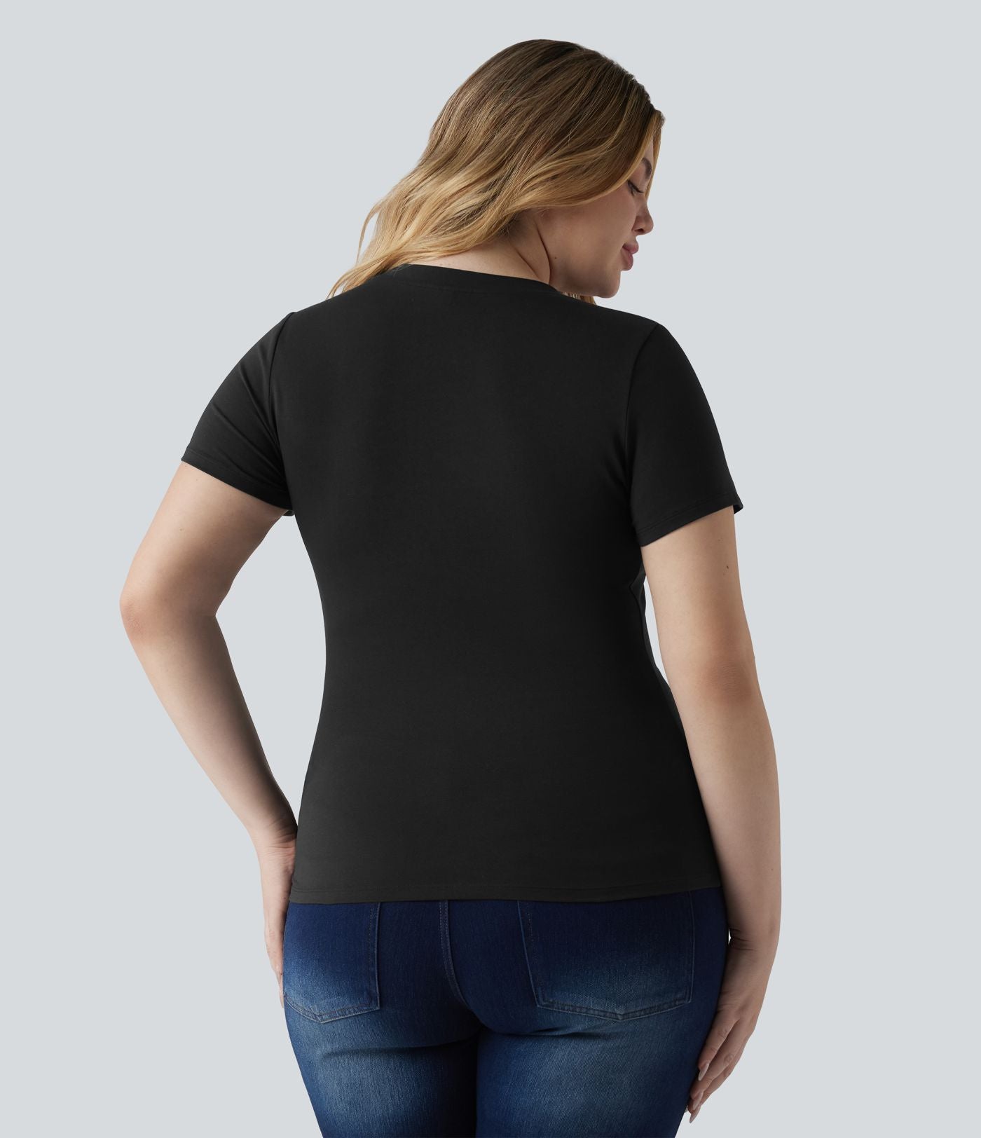 T-shirt Halara grande taille décontracté en jersey de coton, col Henley ultra-ajusté, manches courtes