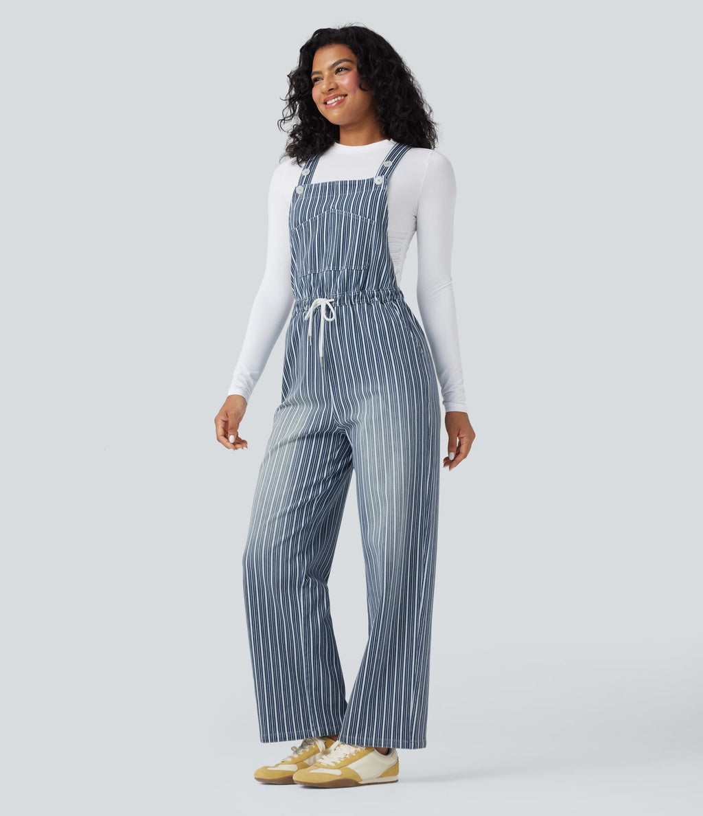 Salopette en denim décontractée droite à rayures Halara Flex™ avec cordon et poches