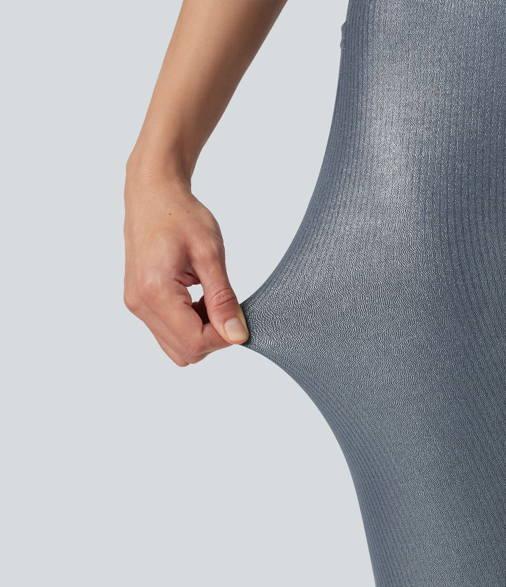 Legging de yoga en maille côtelée taille haute croisée avec imprimé métallisé et poches