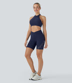 Short cycliste yoga 7'' Softlyzero™ taille haute croisé dentelle contrastante avec poches - UPF50+