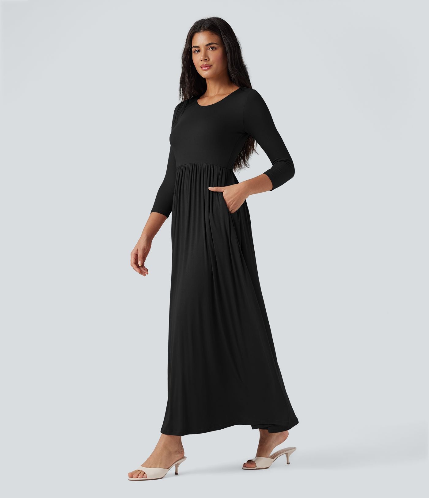 Robe longue fluide décontractée maille côtelée col rond manches 3/4 avec poches
