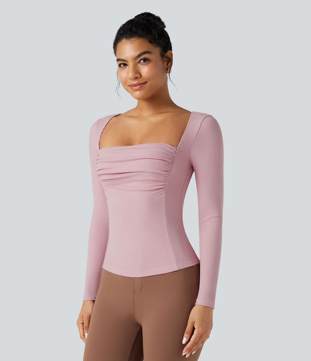 T-shirt tailleur côtelé col carré froncé manches longues