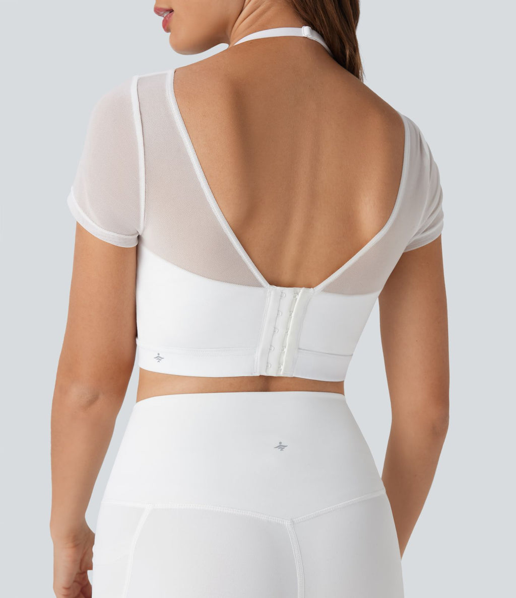 Haut de sport yoga court 2-en-1 dos nu col licou manches courtes mesh contrastant