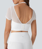 Haut de sport yoga court 2-en-1 dos nu col licou manches courtes mesh contrastant